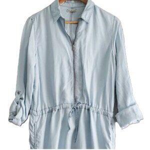 CALVIN KLEIN Chambray Denim Shirt Dress Roll-up Sleeve Zip Up Drawstring *READ